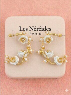 Les Nereides Gold Cream Floral Earrings Romantic Statement Jewelry